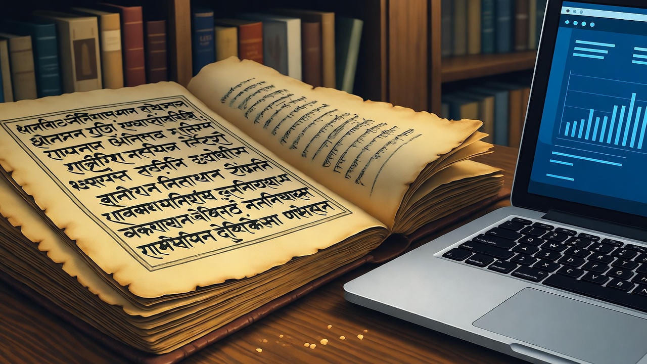 Ancient manuscript with Sanskrit text open on a wooden desk beside a modern laptop displaying data charts, symbolizing the blend of traditional knowledge and modern technology, digital preservation of historical texts, and the integration of ancient wisdom with contemporary research.